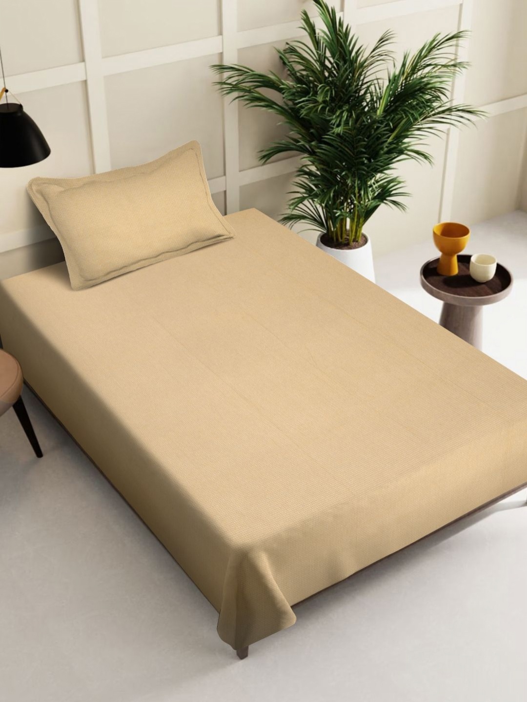

KLOTTHE Yellow Woven Design Pure Cotton Bedcover With Pillow Cover, Beige