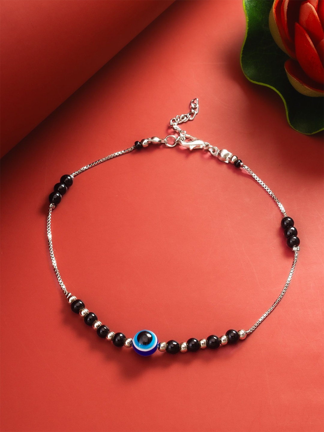 

aadita Evil Eye Beaded Silver Single Anklet