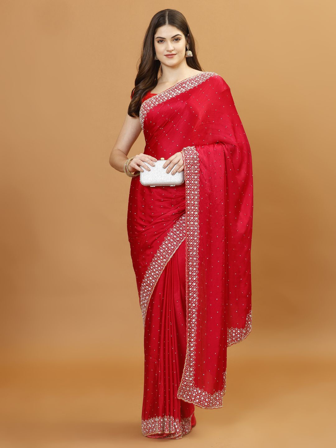 

Meena Bazaar Embellished Beads and Stones Heavy Work Saree, Red