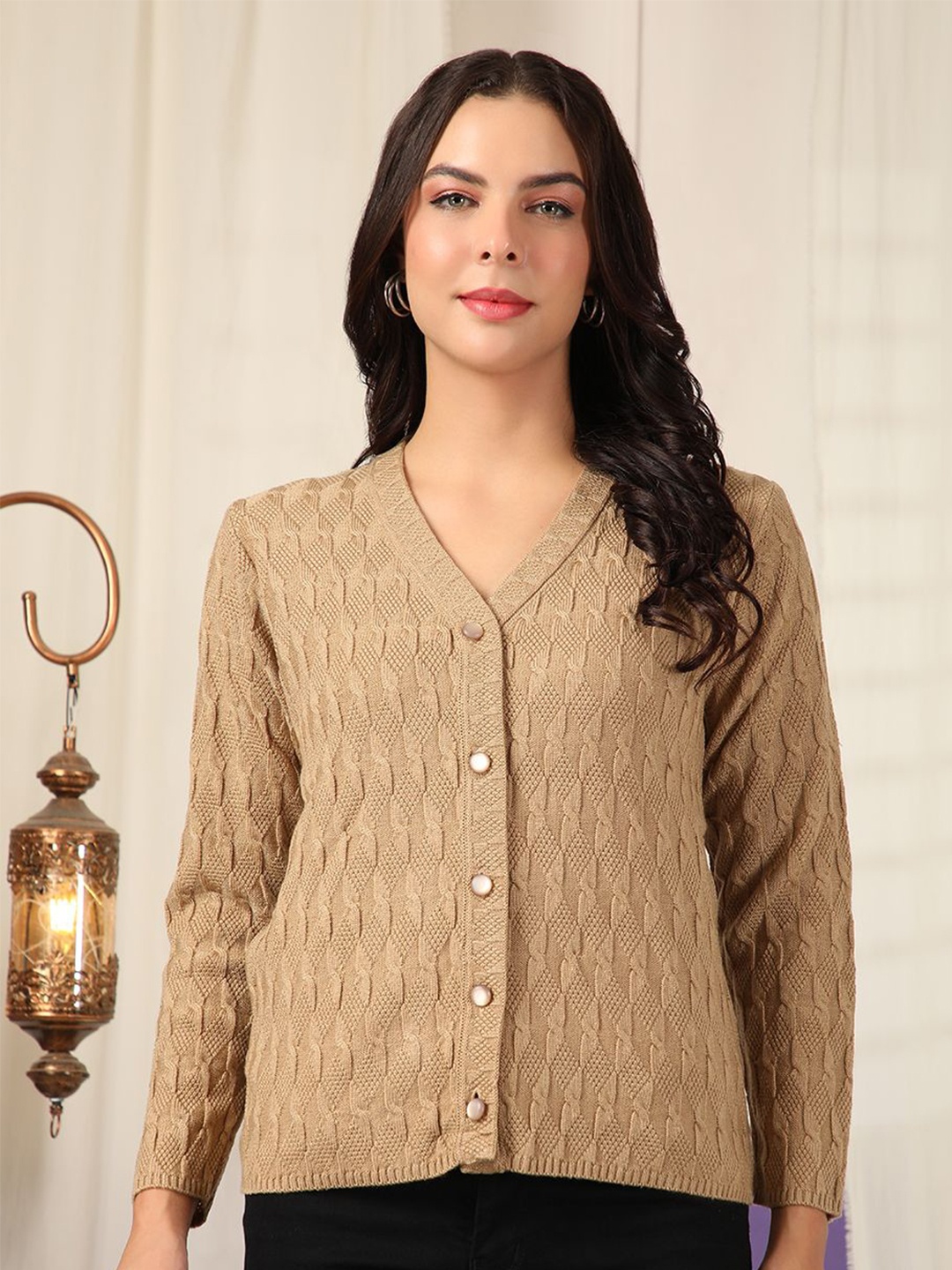 

Cayman Women Cable Knit Woollen Cardigan, Camel brown