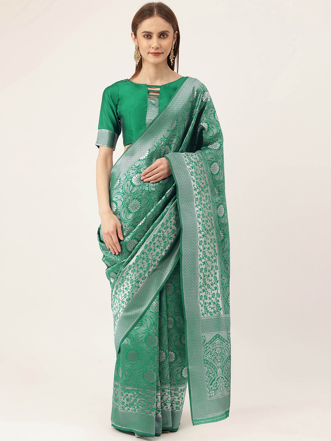 

Maroosh Woven Design Printed Zari Saree, Green