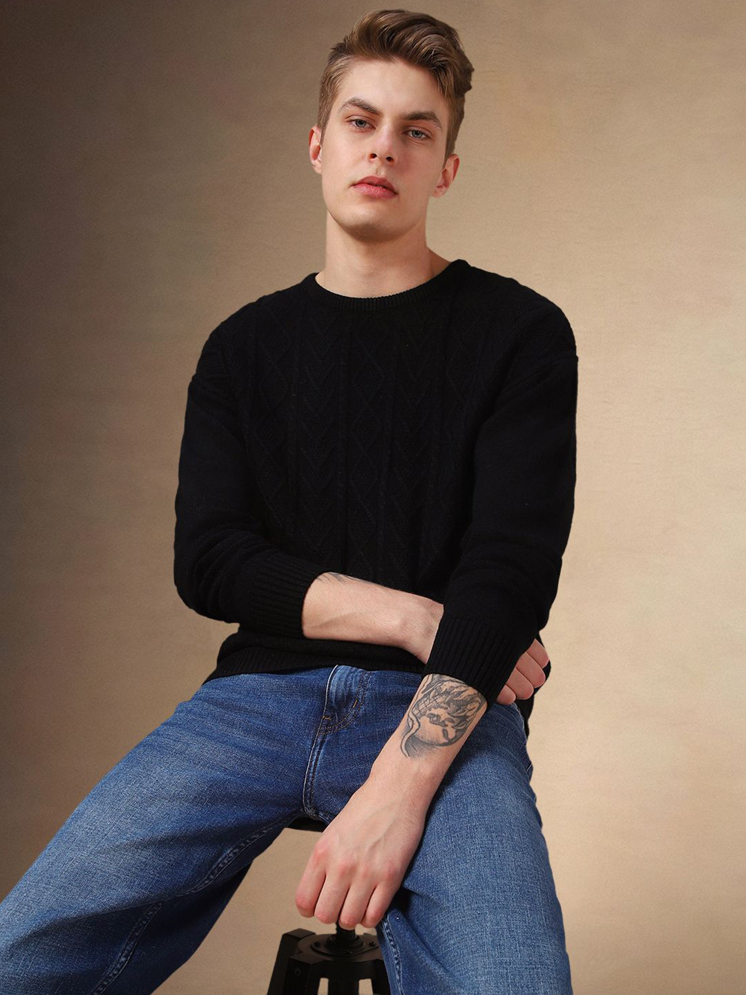 

Dennis Lingo Men Round neck Cable Knit Pullover Sweater, Black