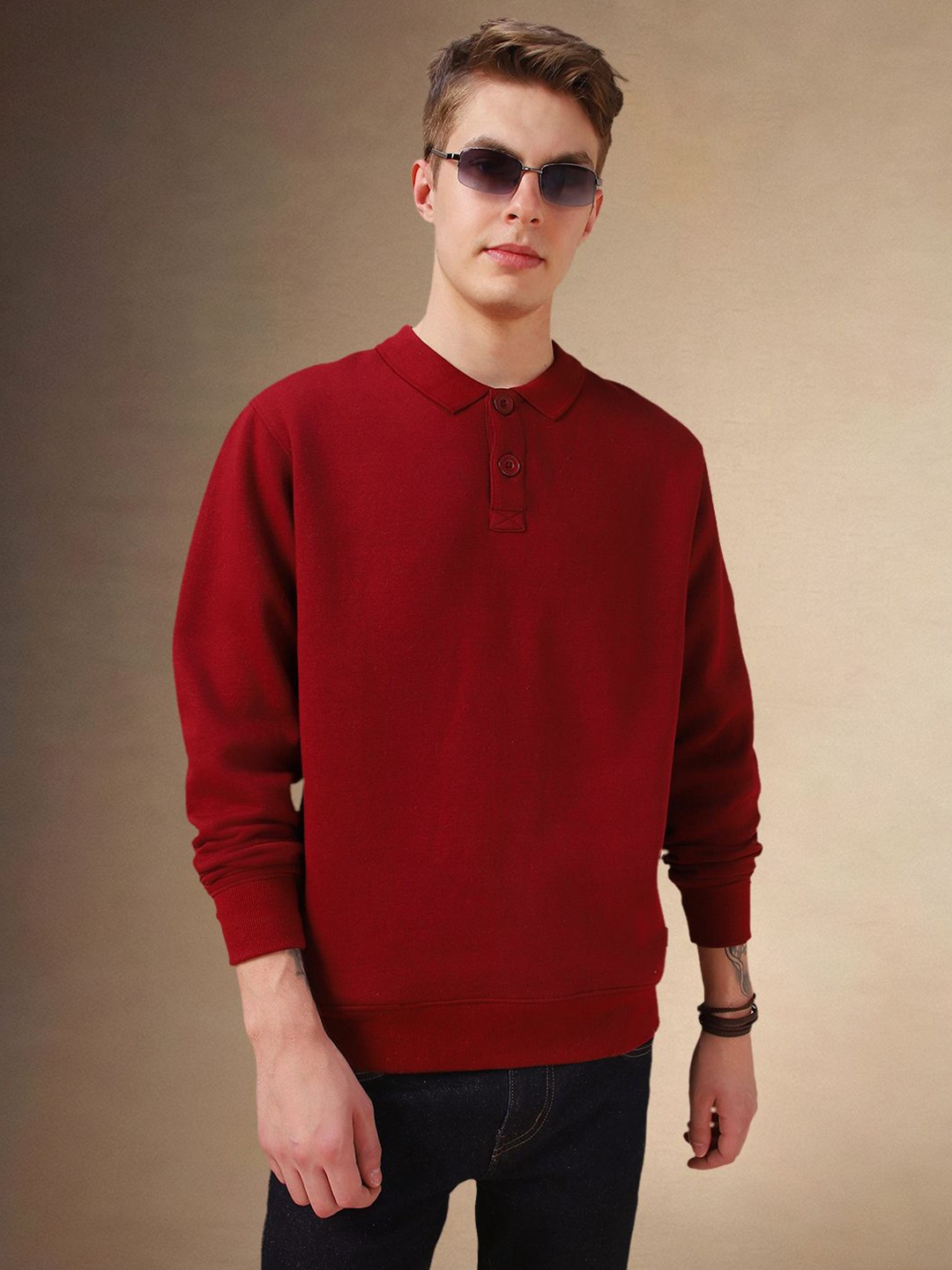 

Dennis Lingo Men Solid Shirt Collar Pullover Sweatshirt, Maroon