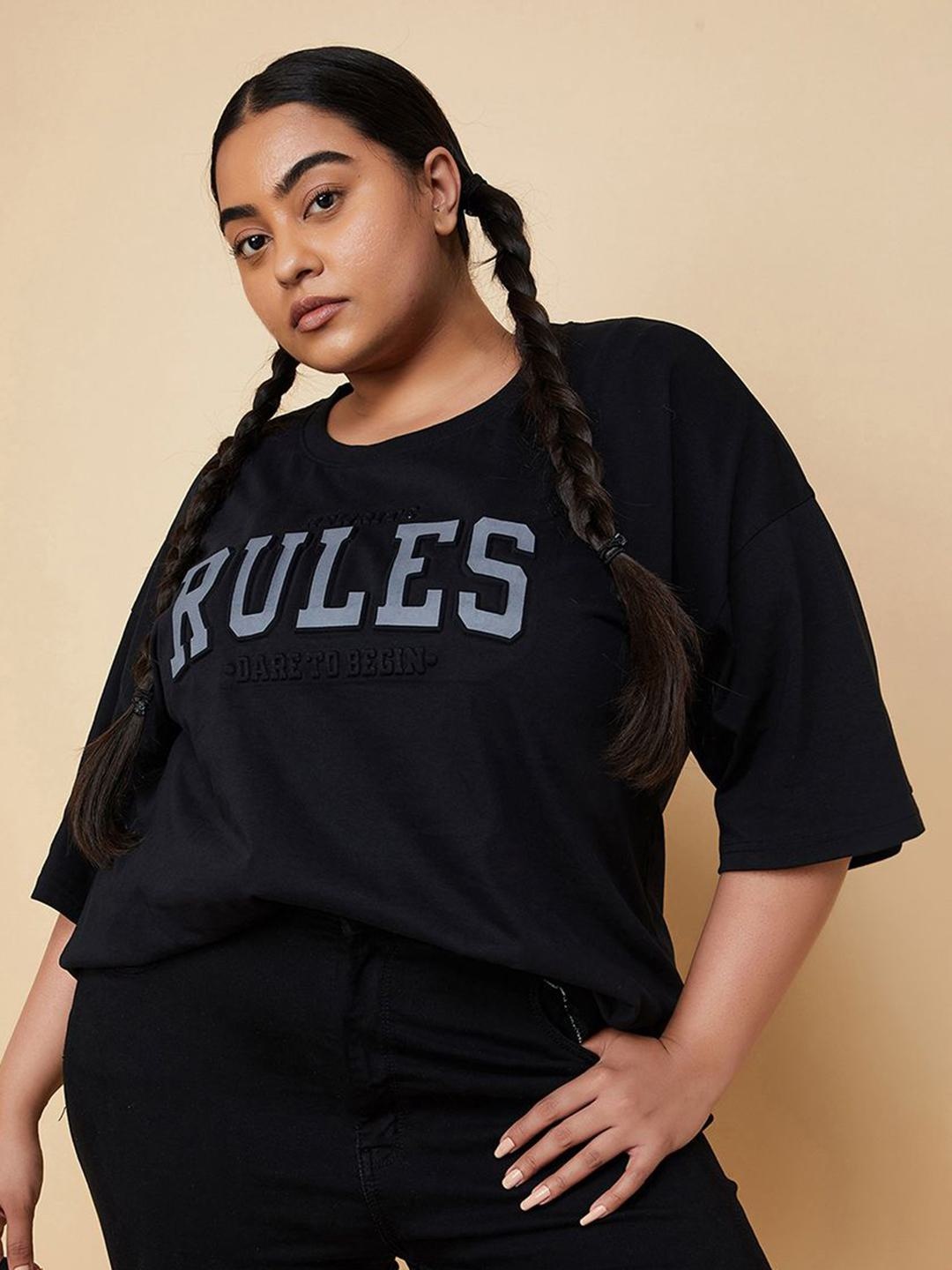 

max Women Typography Printed Hood Cotton Plus Size T-shirt, Black