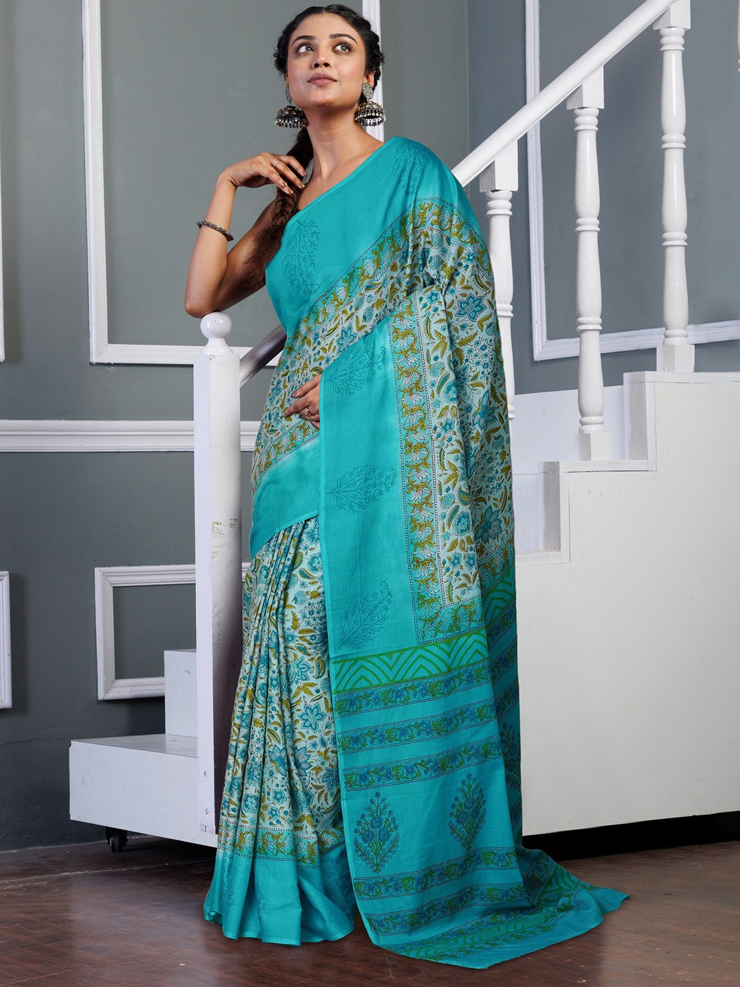 

Unnati Silks Ethnic Motifs Pure Cotton Handloom Block Print Saree, Green