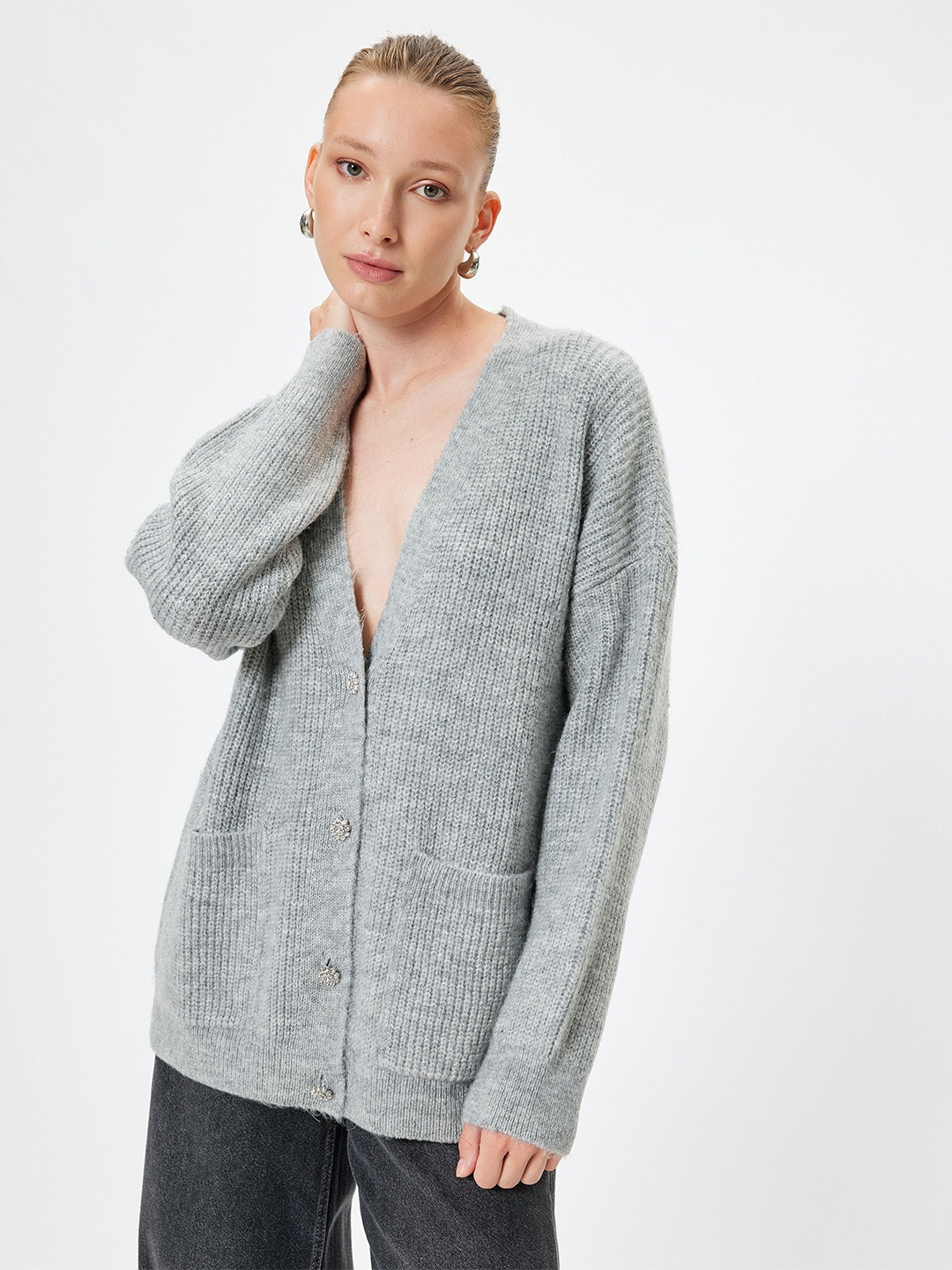 

Koton Women Self Design Cable Knit Longline Cardigan, Grey