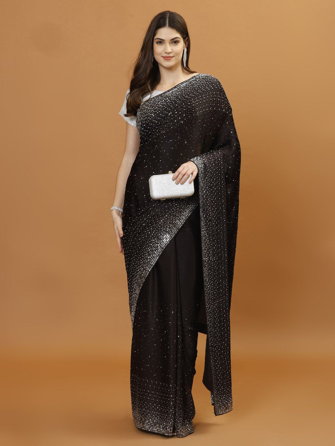 

Meena Bazaar Embellished Beads and Stones Saree, Black