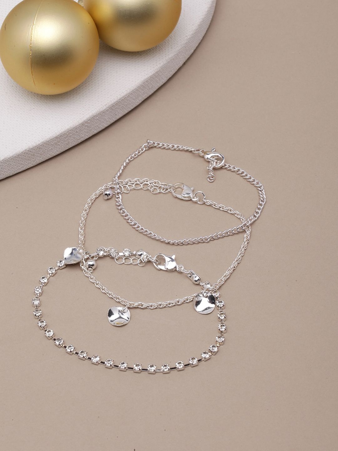 

KPOP Set Of 3 Silver-Plated Stone Studded Charm Bracelet
