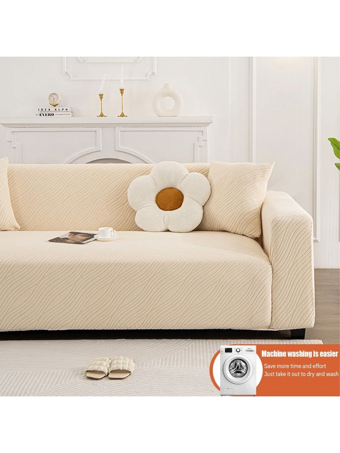 

B BESTILO Cream Self Design 3 Seater Sofa Cover With Arms