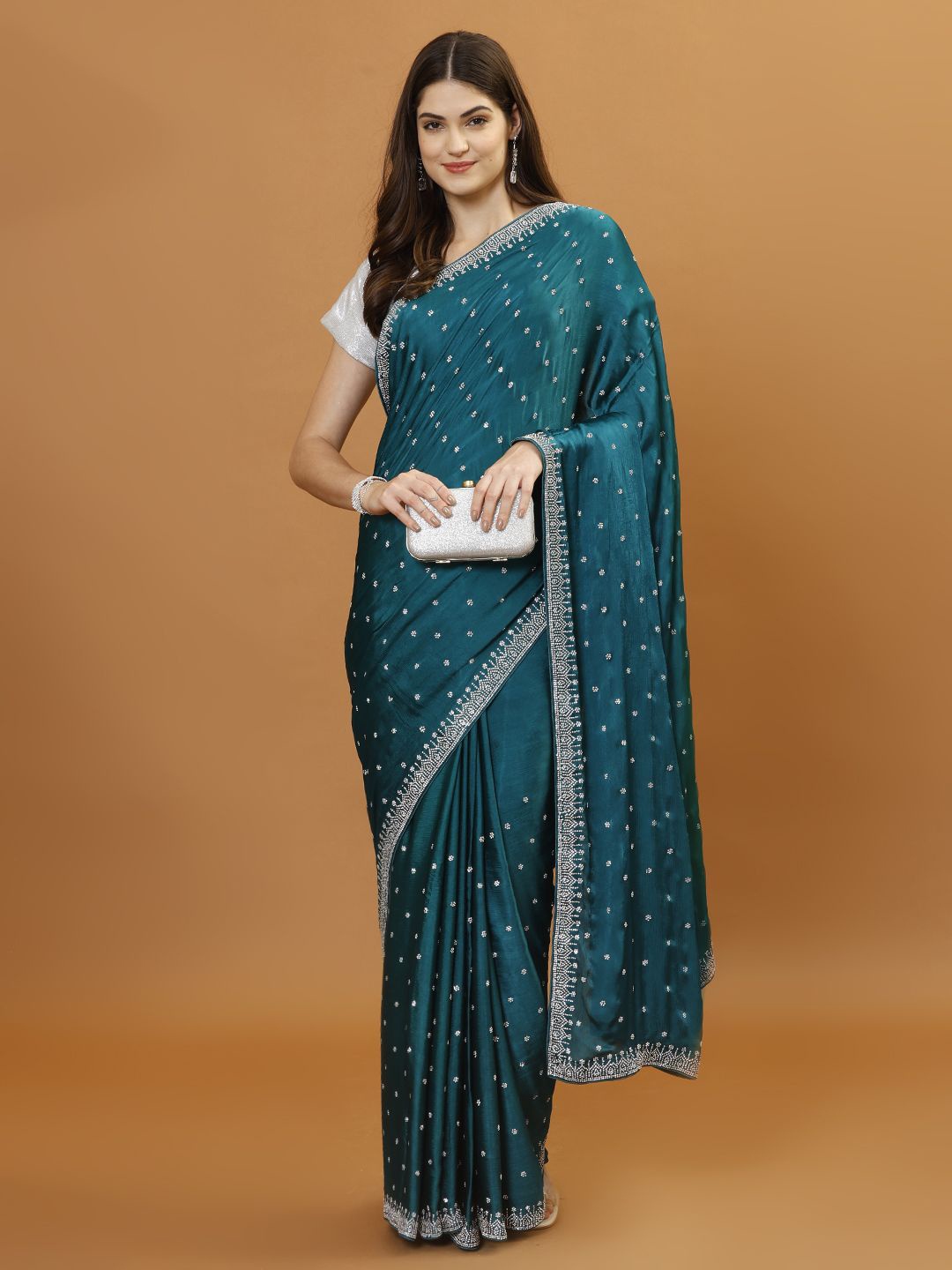 

Meena Bazaar Embellished Beads and Stones Art Silk Heavy Work Saree, Teal