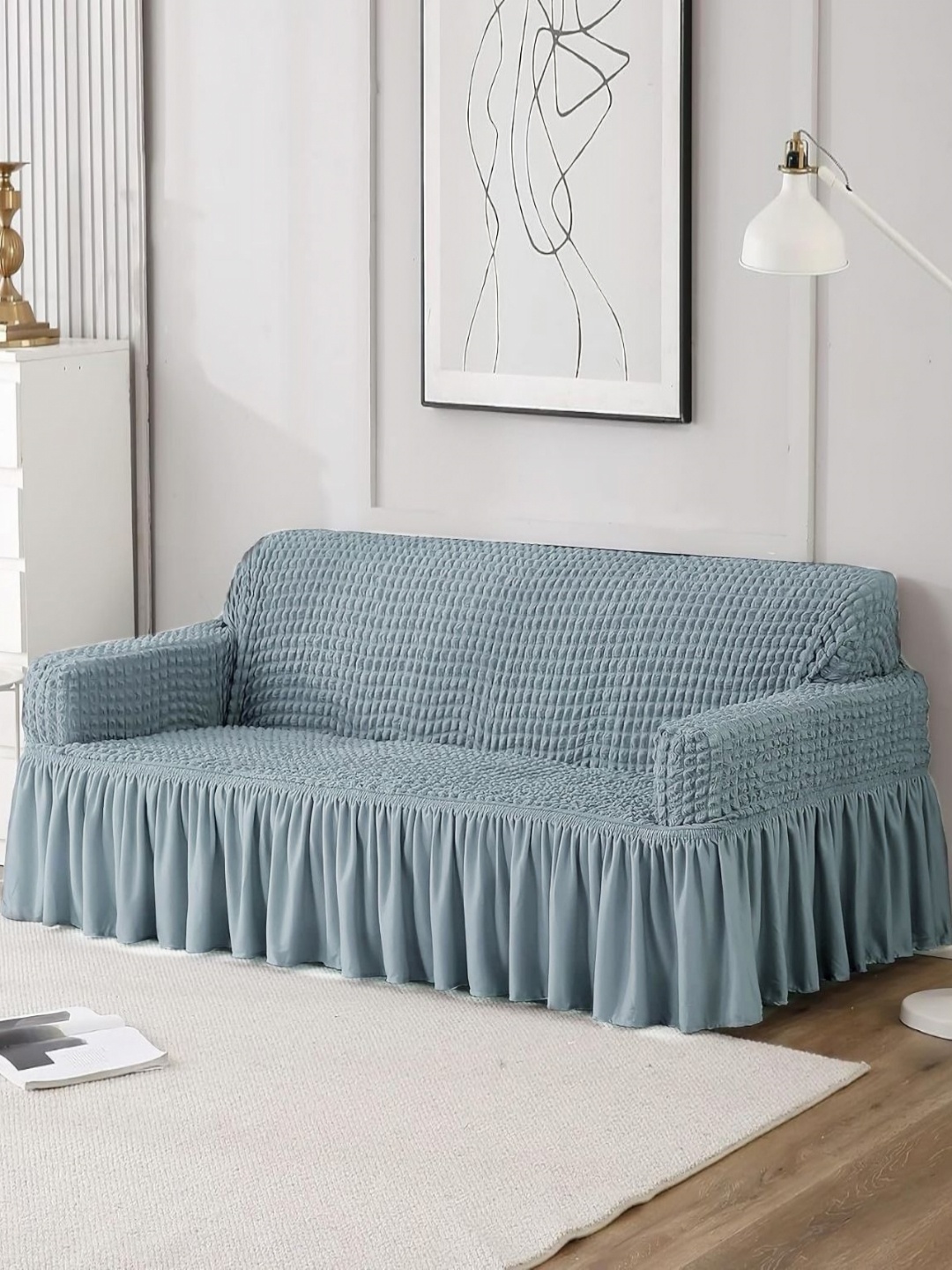 

B BESTILO Grey Self Design 3 Seater Sofa Cover With Arms