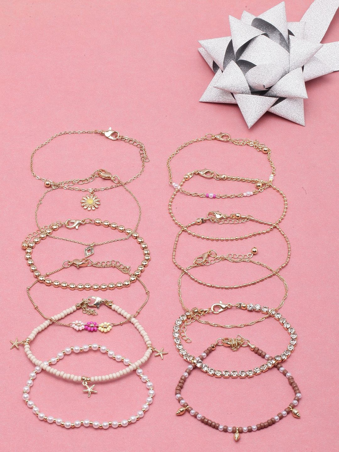 

KPOP Set Of 12 Gold-Plated Beaded Charm Bracelets