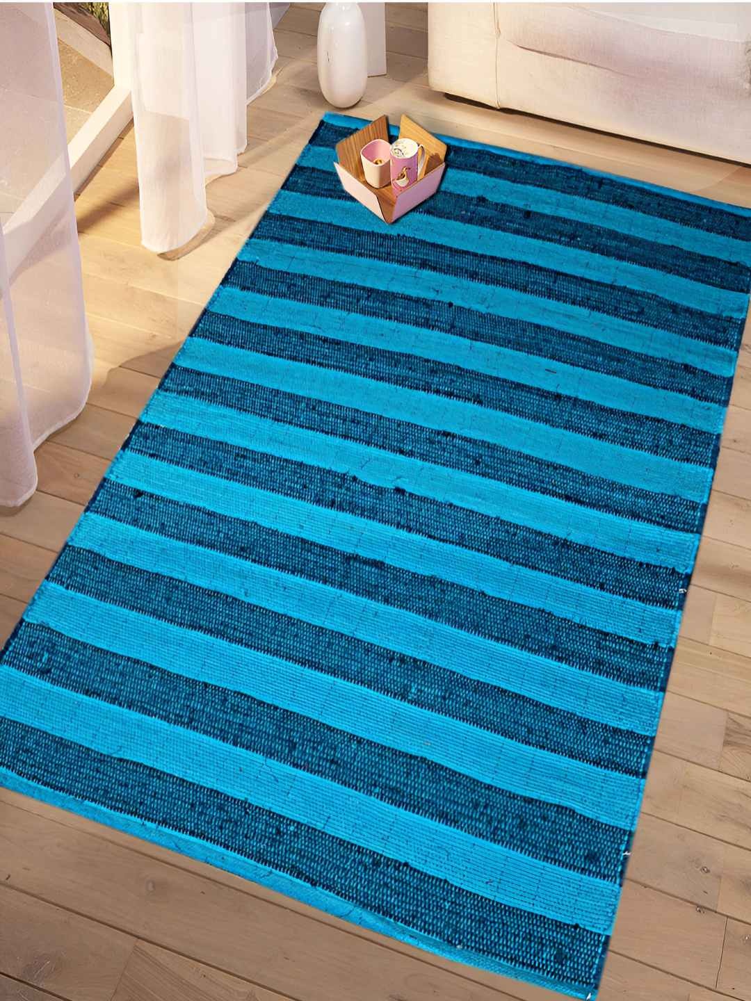 

Saral Home Blue Striped Cotton Antiskid Dhurries, Turquoise blue