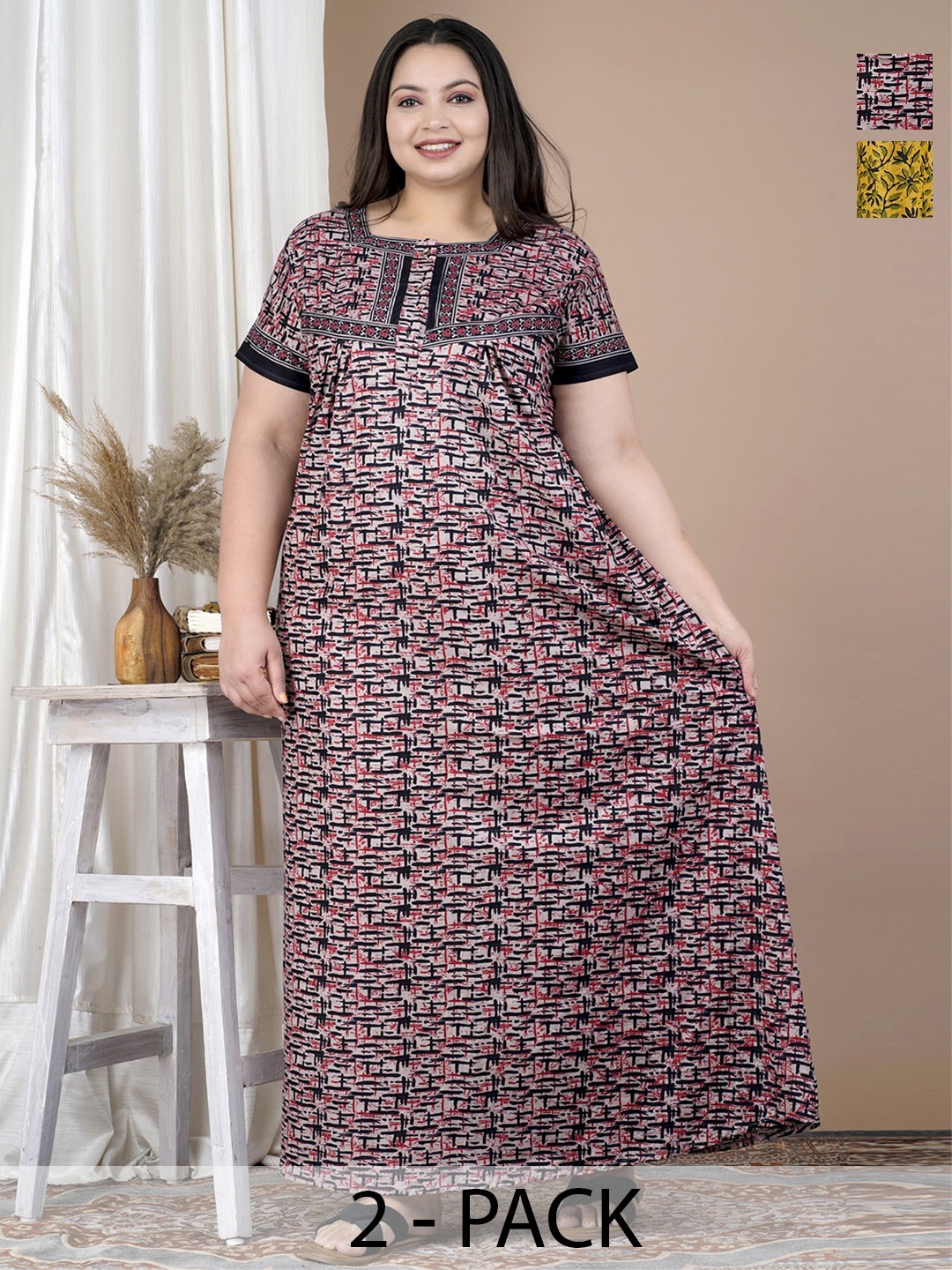 

SP DESIGNS Women Pure Cotton Abstract Printed Maxi Nightdress, Green