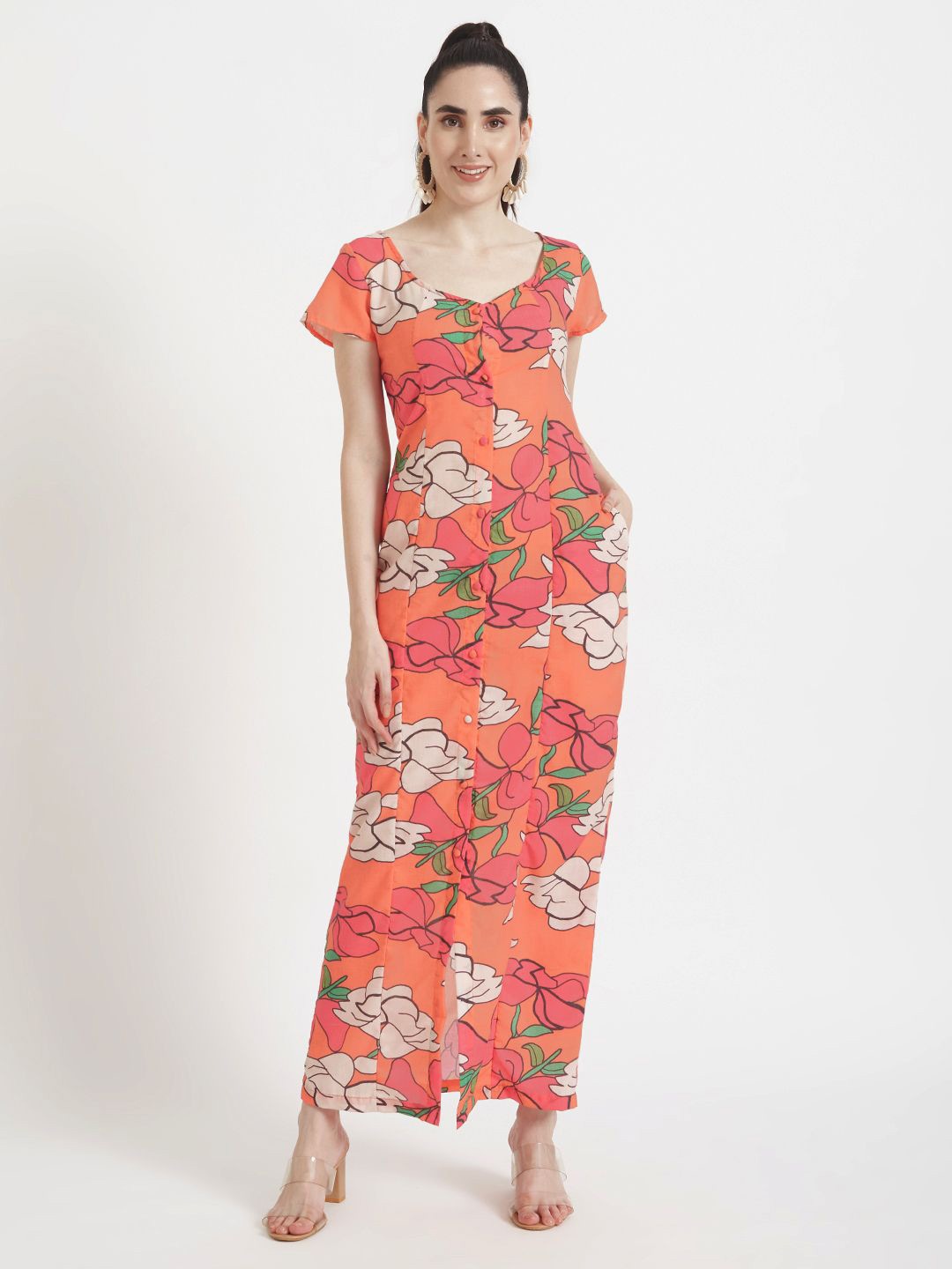 

AMSWAN Floral Print Cold-Shoulder Maxi Dress, Multi