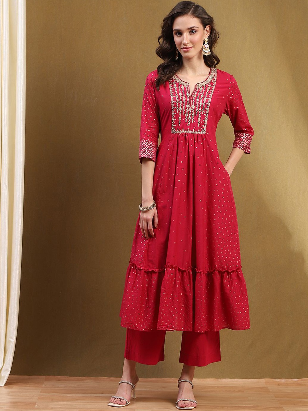 

Biba Women Yoke Design Pure Cotton Anarkali Kurta With Palazzos & Dupatta, Red