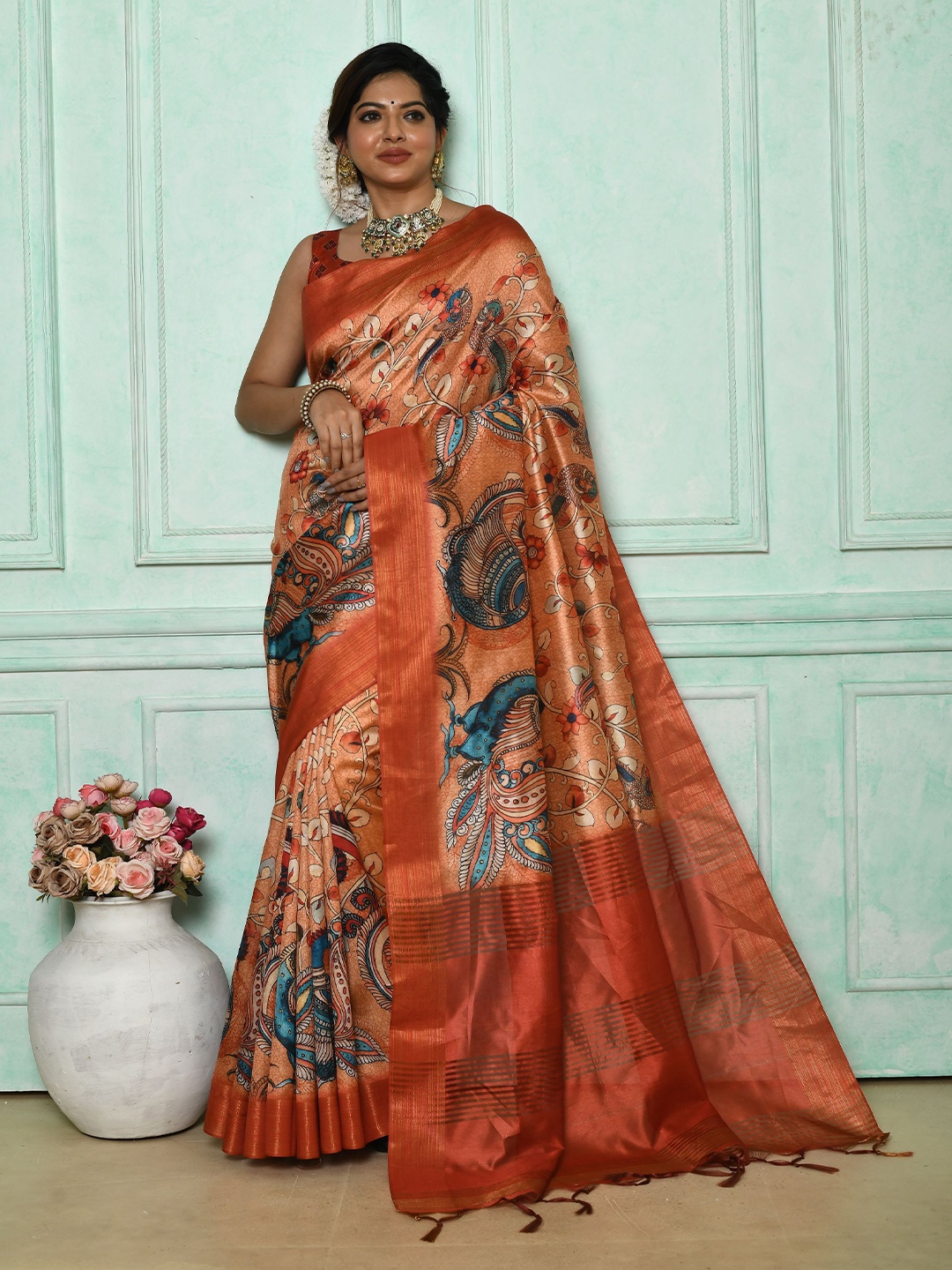 

Kandora Kalamkari Zari Pure Silk Tussar Saree, Orange