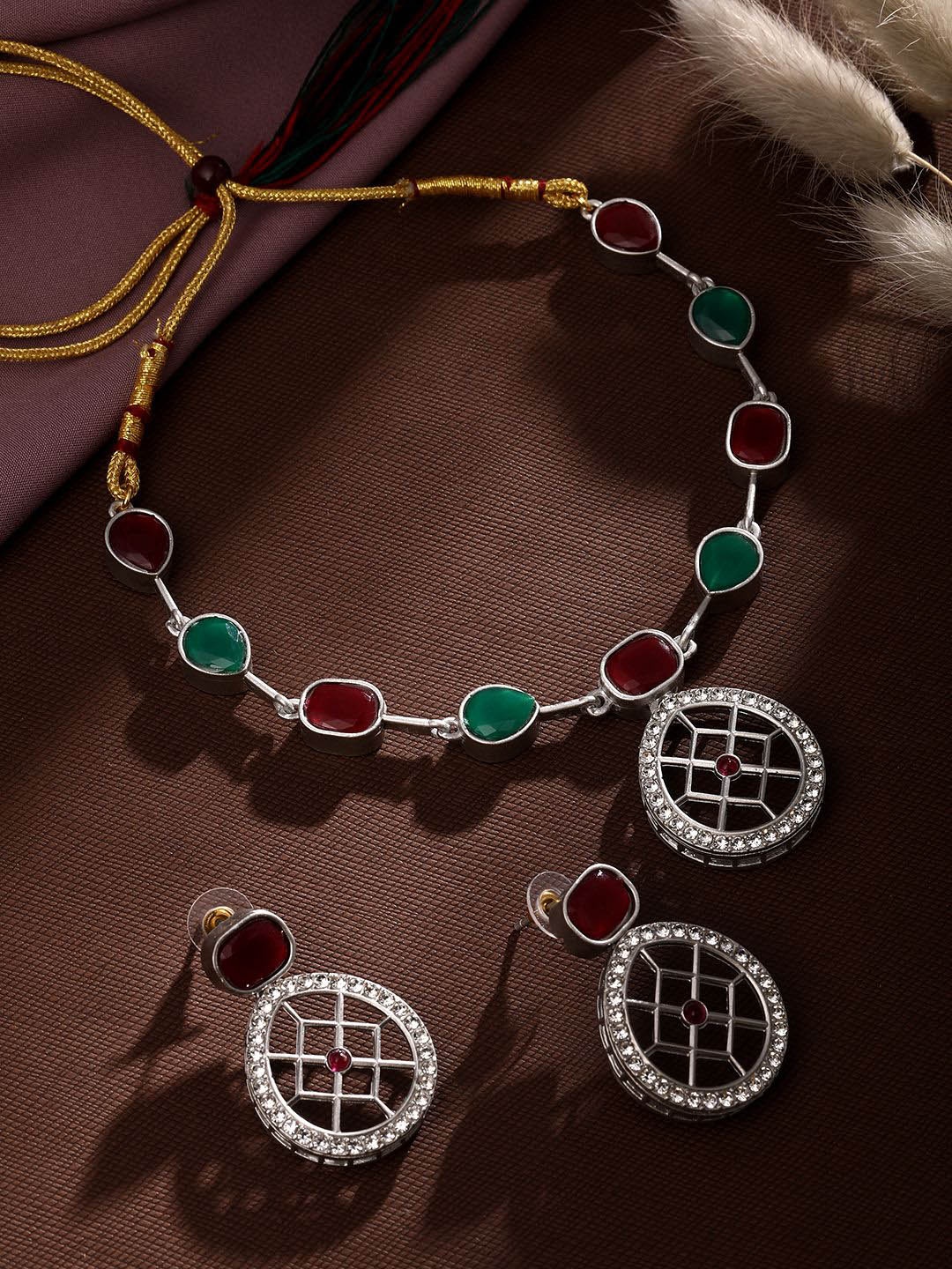 

ASMITTA JEWELLERY Sliver-Plated Stone-Studded Jewellery Set, Silver