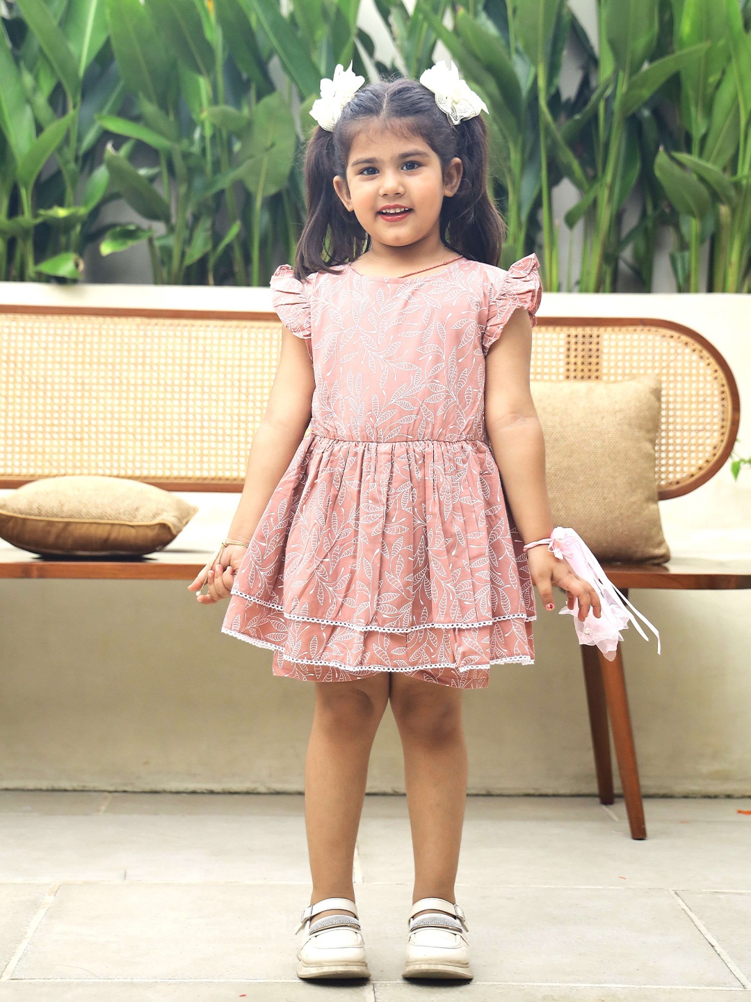 

Hoshi by A&T Girls Printed Flutter Sleeve Layered Fit & Flare Dress, Rose gold