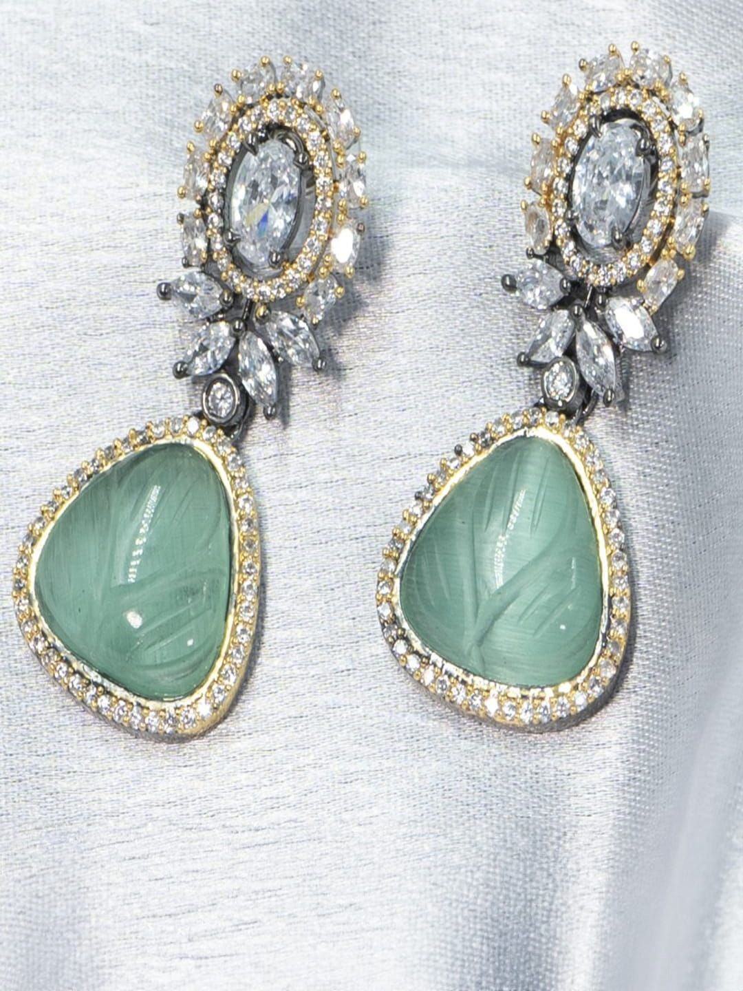 

SHARLEEZ Rhodium-Plated American Diamond Teardrop Shaped Drop Earrings, Green