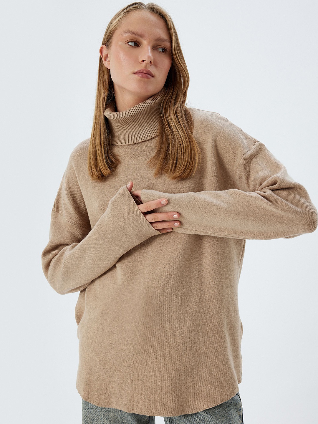 

Koton Women Cable Knit Longline Pullover Sweater, Beige