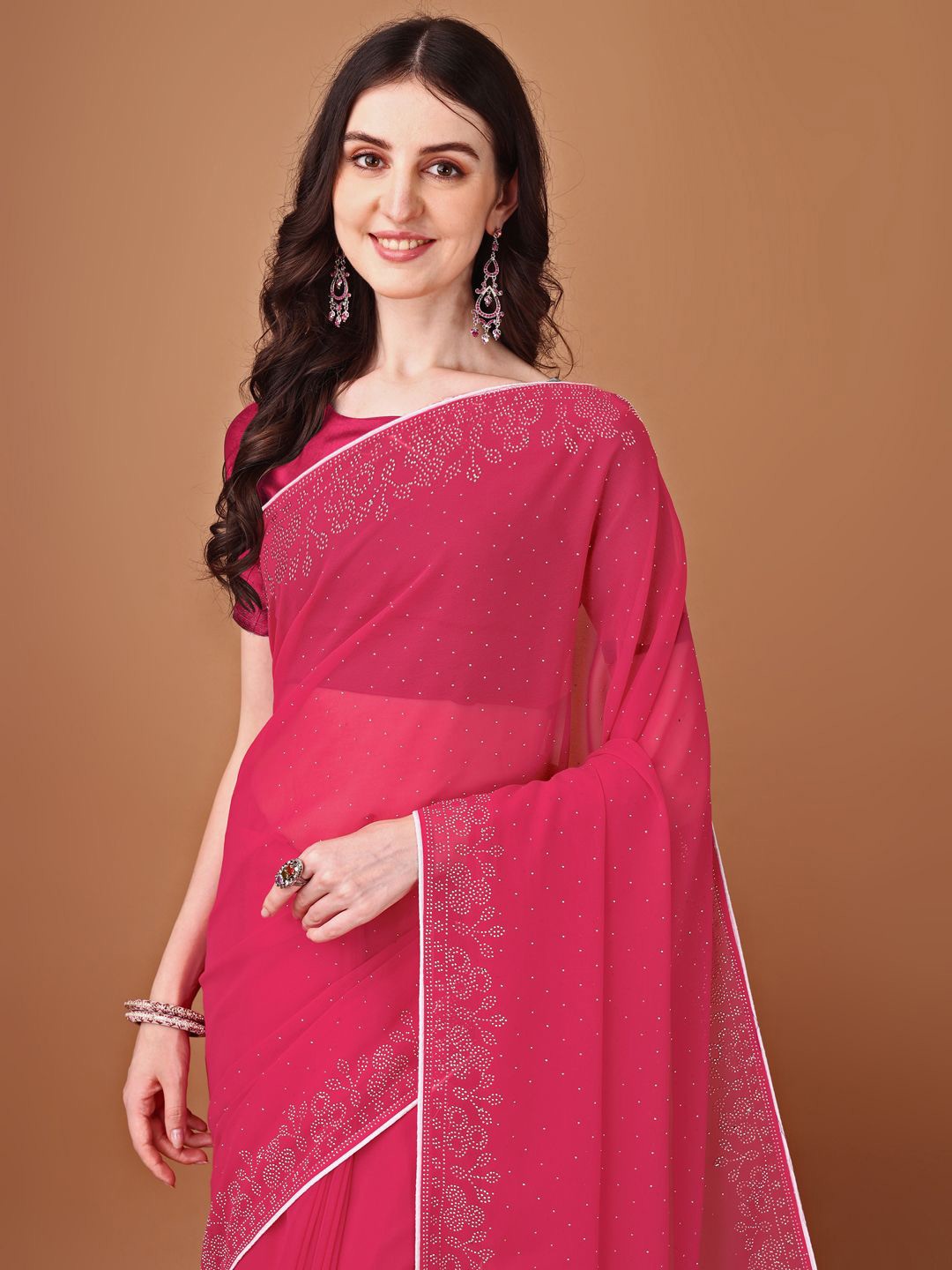 

SM TRENDZ Embellished Beads and Stones Pure Georgette Banarasi Heavy Work Saree, Pink