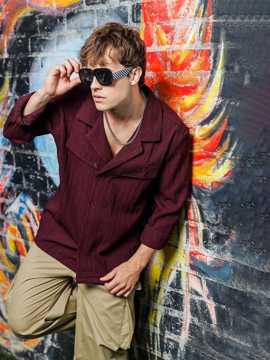 

House of Koala Textured Notched Lapel Collar Regular Fit Shirt, Maroon