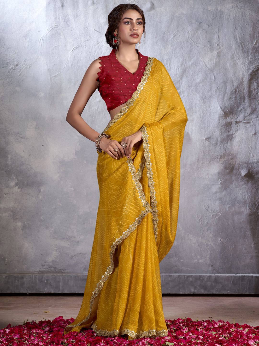 

CHUDIYA Bandhani Mirror Work Pure Chiffon Bandhani Saree, Mustard
