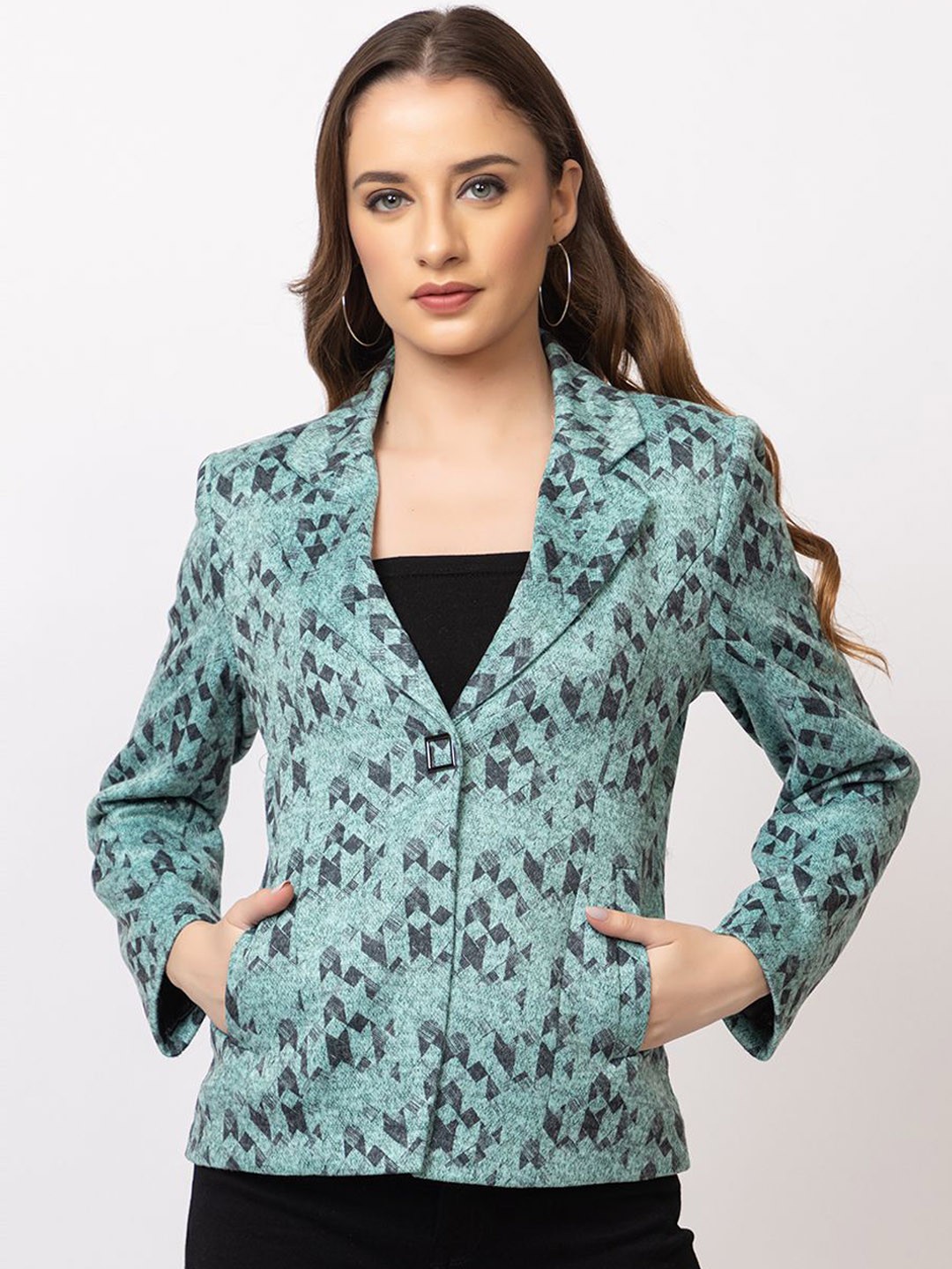 

TWENTY ME Women Printed Woollen Lapel Collar Lightweight Tailored Jacket, Sea green