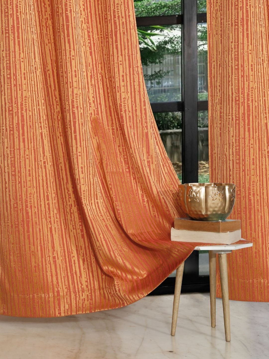 

ROSARA HOME Orange Coloured Striped Room Darkening Window Curtains and Sheers