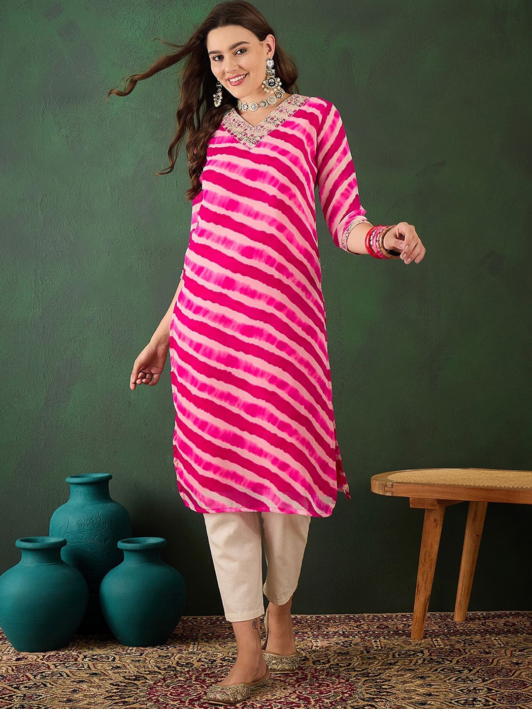 

Vastramyaa Women Striped Georgette Kurta, Pink