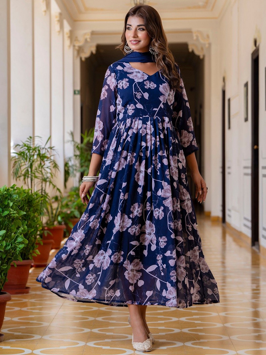 

KALINI Women Floral Printed Empire Kurta with Trousers & With Dupatta, Blue