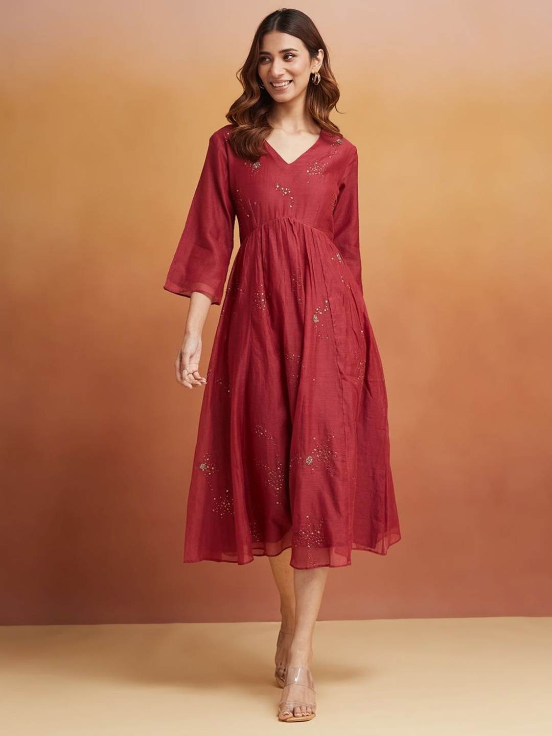 

Fabindia Self Design Embellished Bell Sleeve Fit & Flare Cotton Midi Dress, Maroon