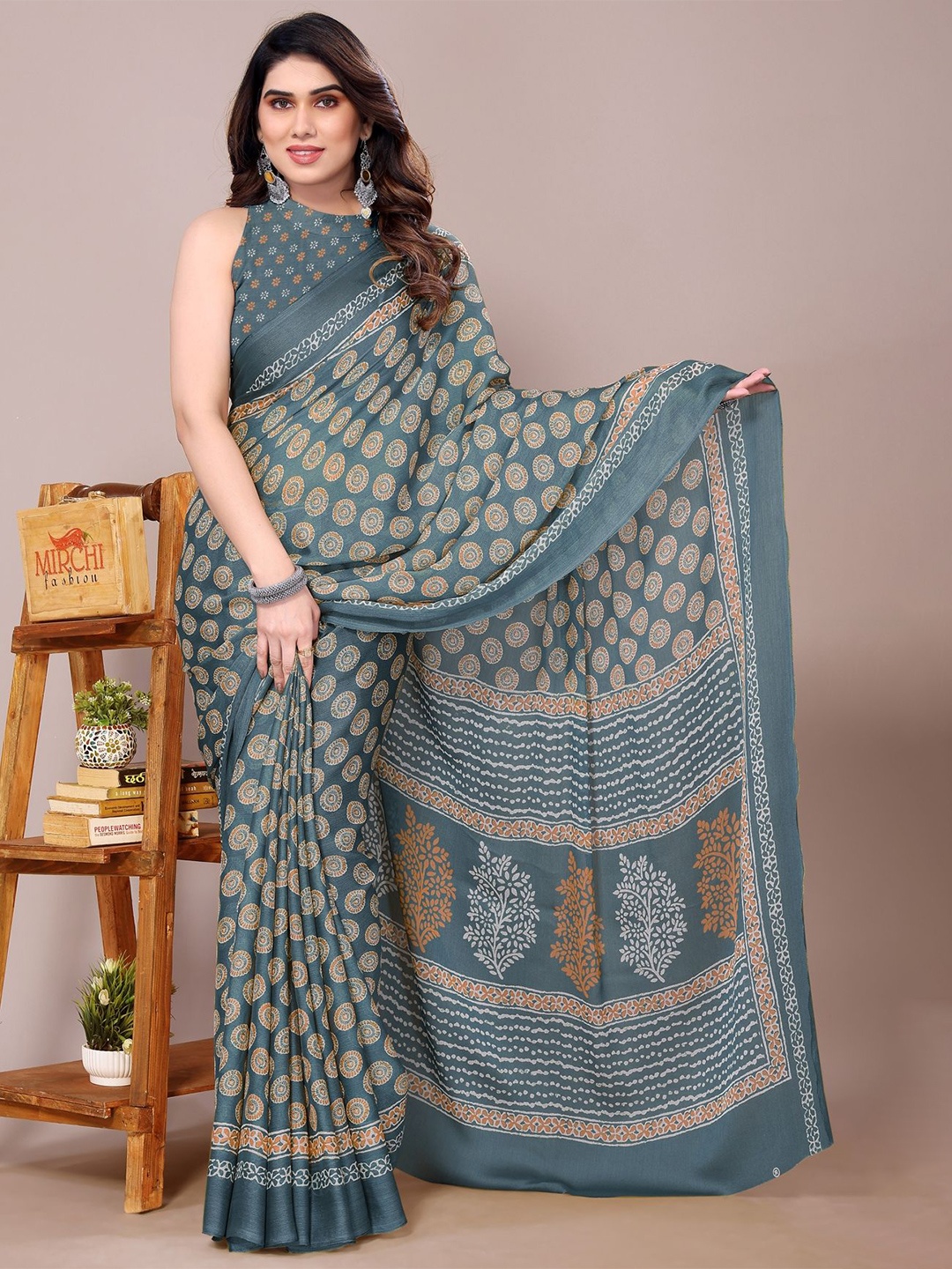 

KALINI Ethnic Motifs Block Printed Saree, Blue