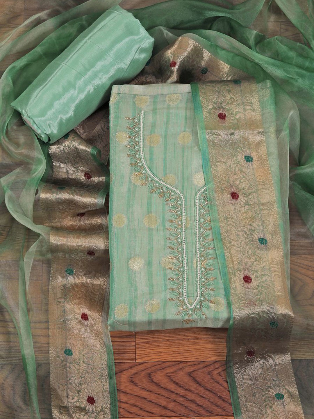 

Jaipur Kurti Embellished Organza Dress Material With Tie-Dye Dupatta, Green