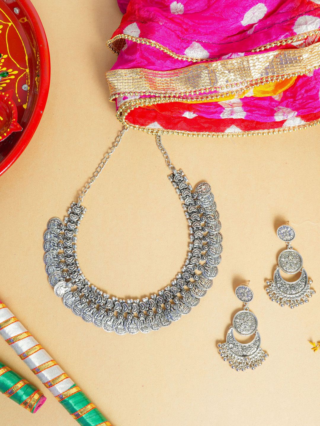 

VIRAASI Silver-Plated Oxidised Studded Jewellery Set With Dandiya, Dupatta Pooja Thali