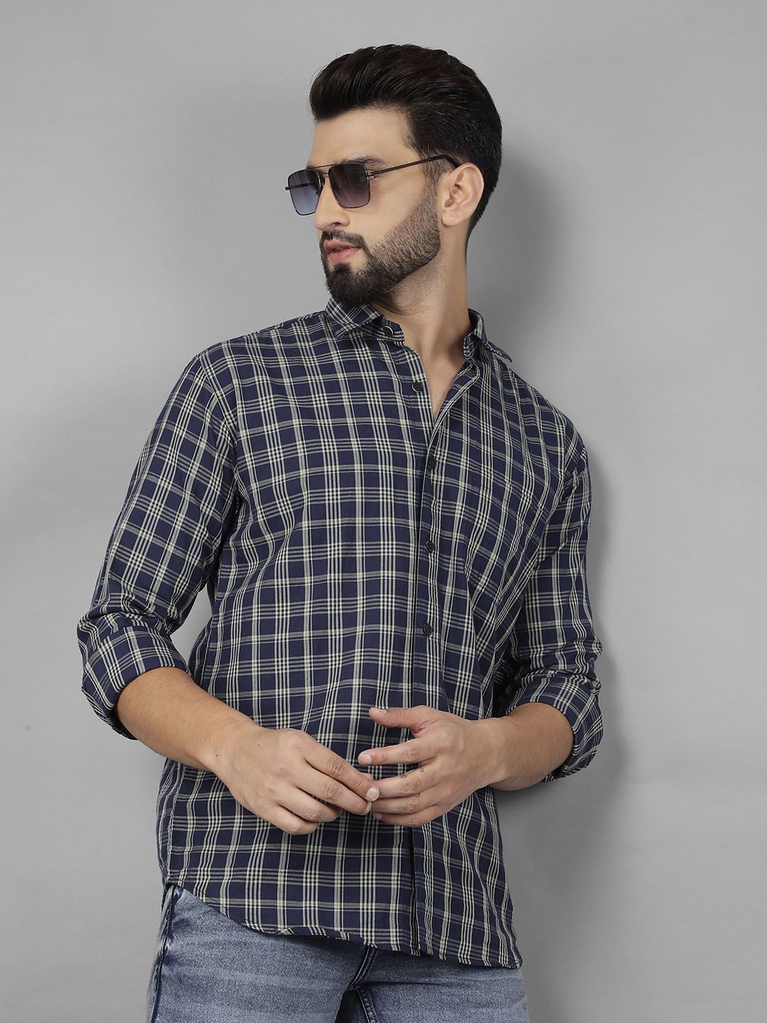

COBB Men India Slim Fit Spread Collar Checked Cotton Casual Shirt, Green