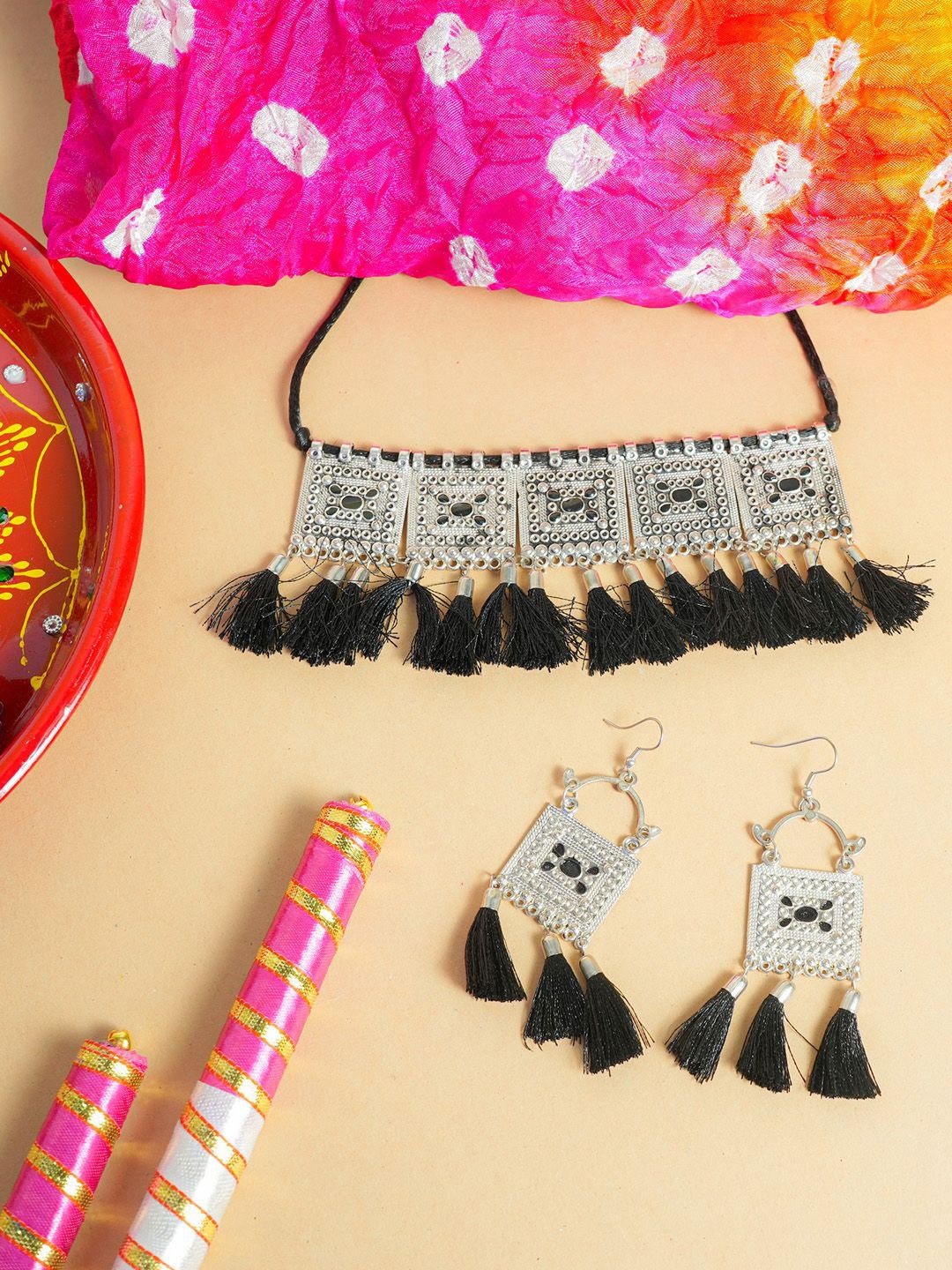 

VIRAASI Oxidised Jewellery Set With Dandiya, Dupatta & Pooja Thali, Silver