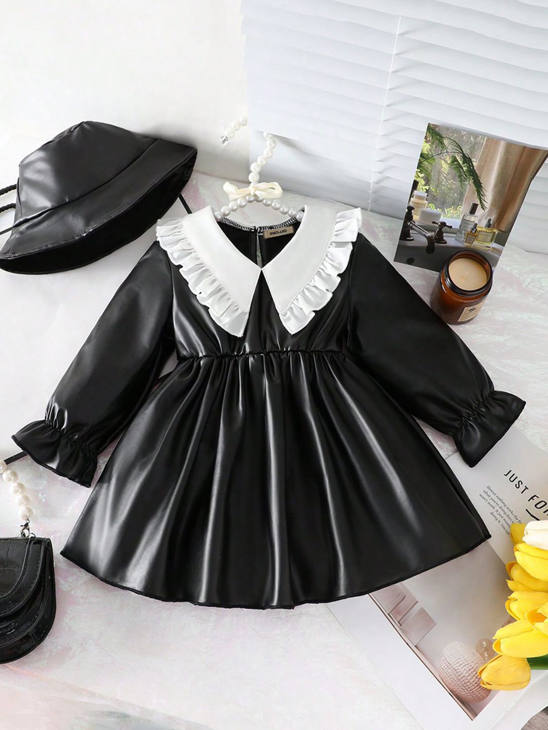 

INCLUD Girls Peter Pan Collar Puff Sleeves Fit and Flare Dress, Black