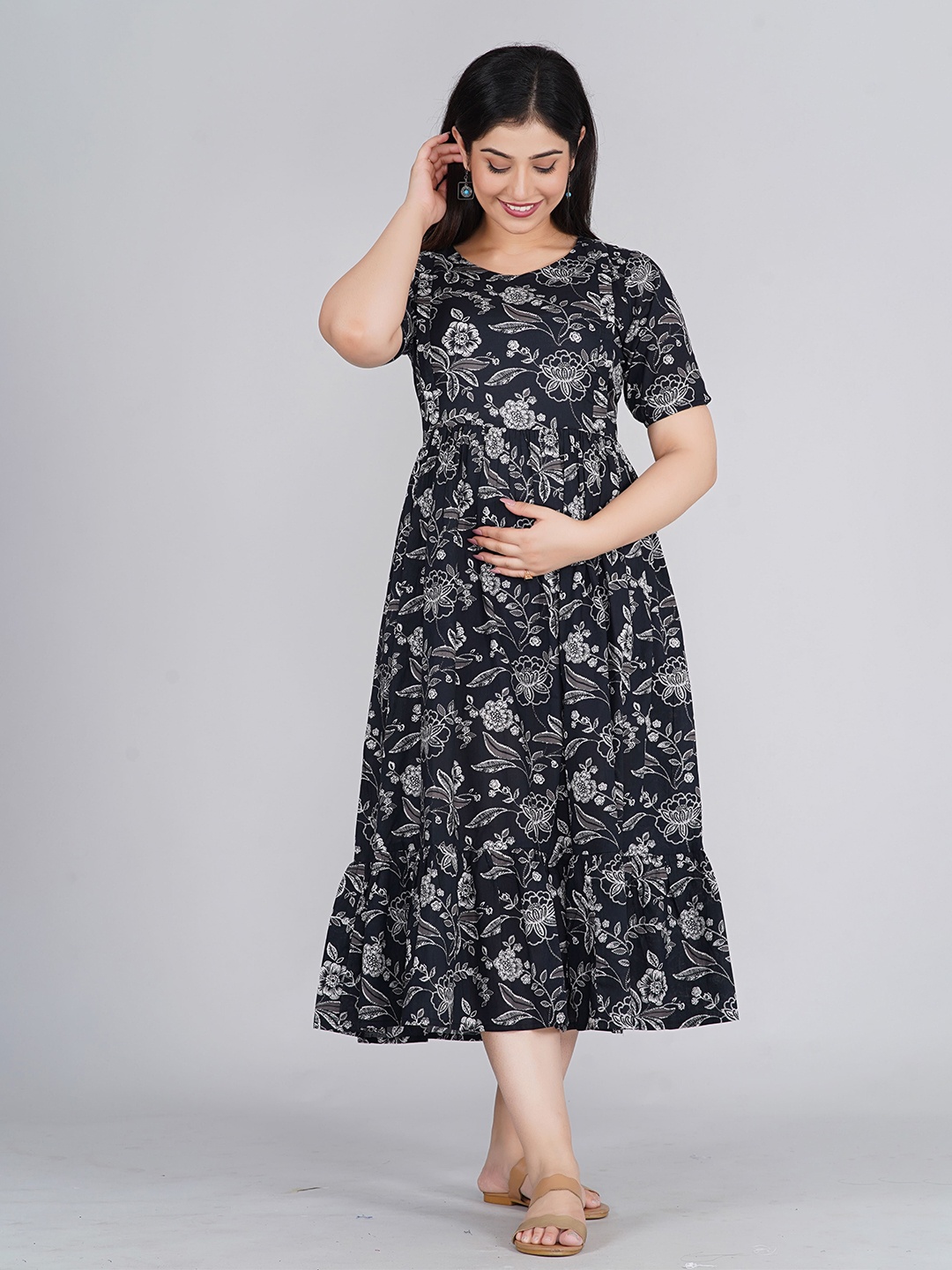 

Kaheksa Women Ethnic Motifs Print Maternity Midi Dress, Black