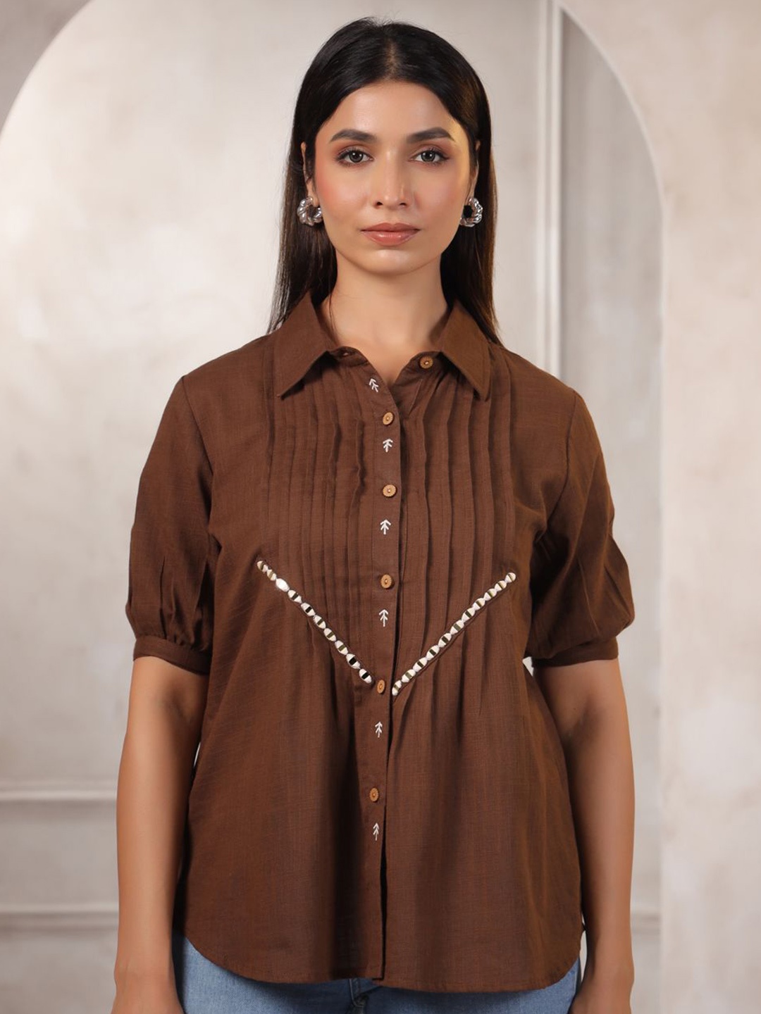 

LYFJ Women Solid Shirt Collar Cotton Top, Brown