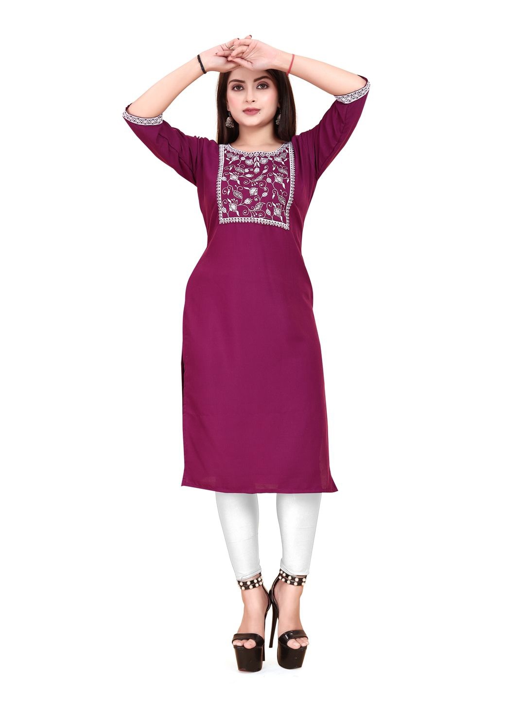 

AKK ENTERPRISE Ethnic Motifs Embroidered Thread Work Straight Kurta, Purple