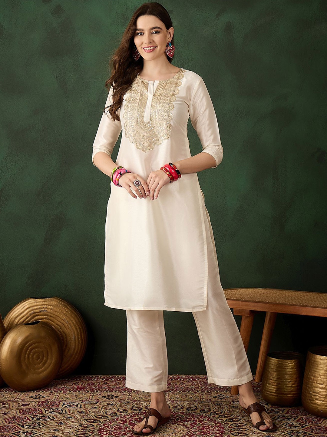 

Sangria Women Embroidered Straight Kurta With Trousers, Cream