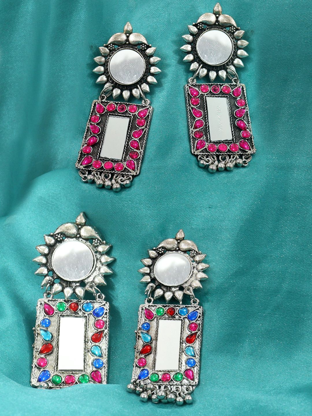 

KRENOZ Set Of 2 Silver-Plated Stone Studded Square Drop Earrings