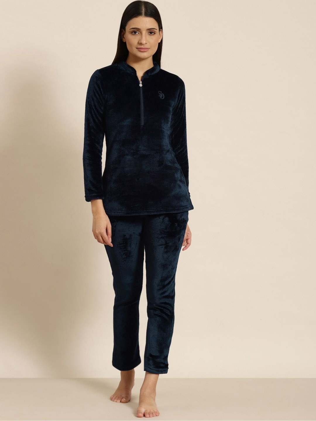 

Sweet Dreams Zipper Long Sleeves Top With Trousers Night Suit, Navy blue