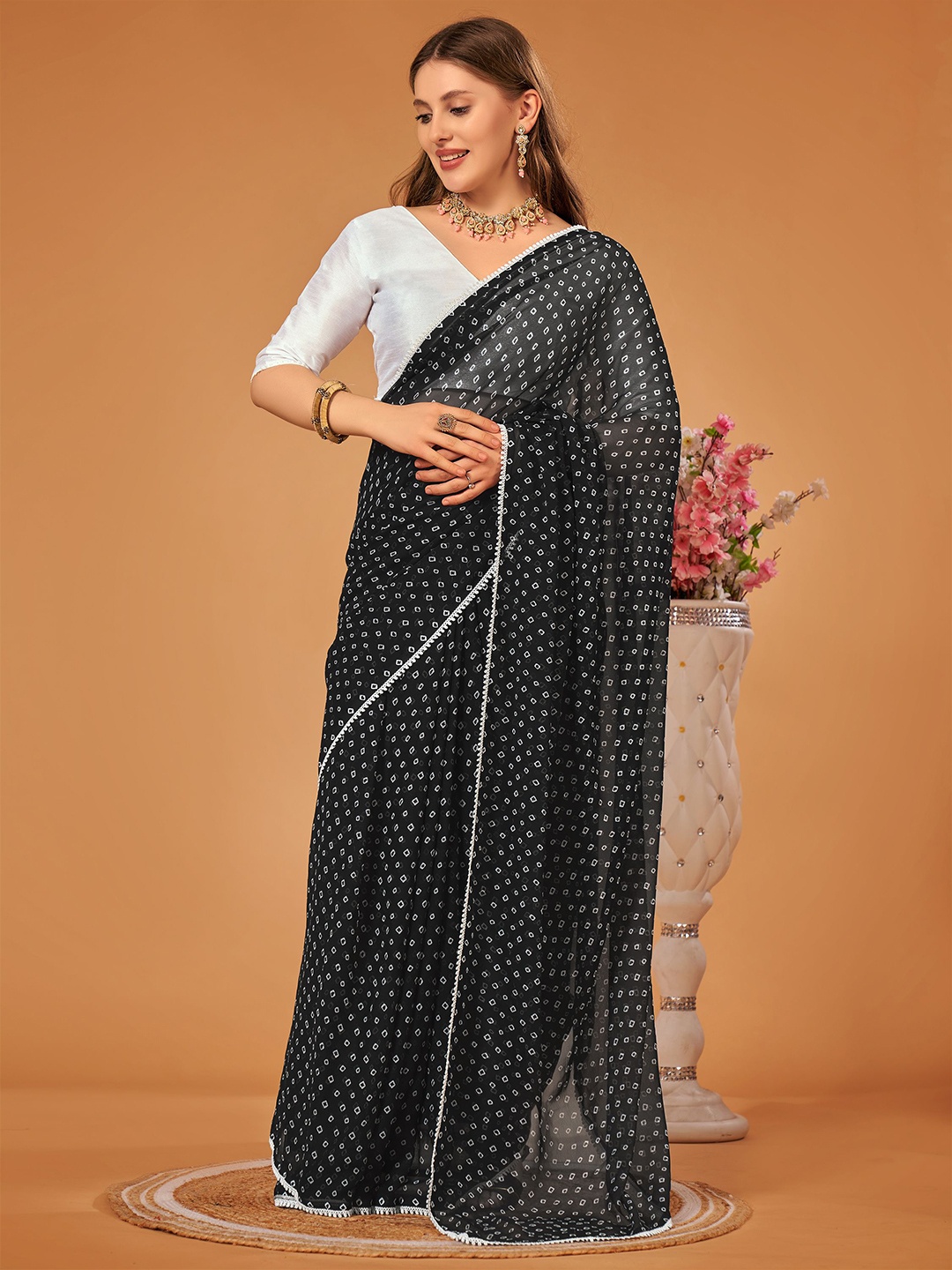 

limtd Bandhani Printed Embroidered Pure Georgette Ready to Wear Leheriya Saree, Black