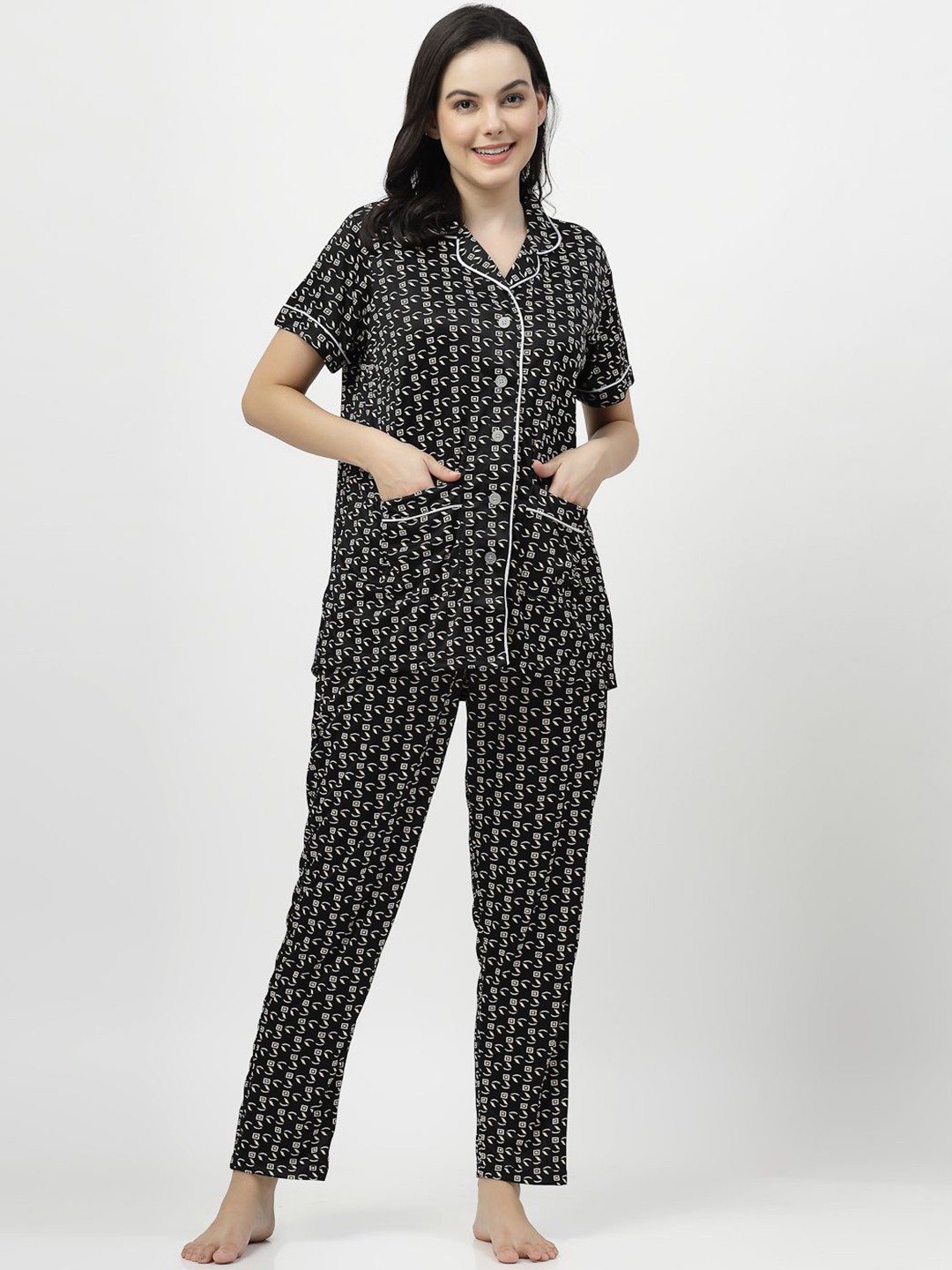 

SHYAM SONS FLAIR Women Printed Night suit, Black