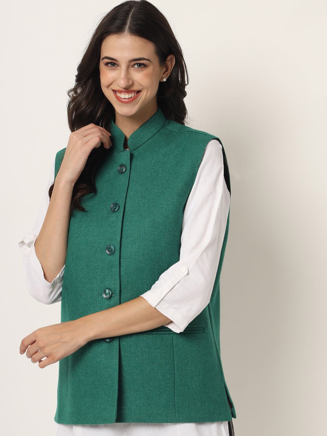 

KALINI Woven Woolen Nehru Jackets, Green