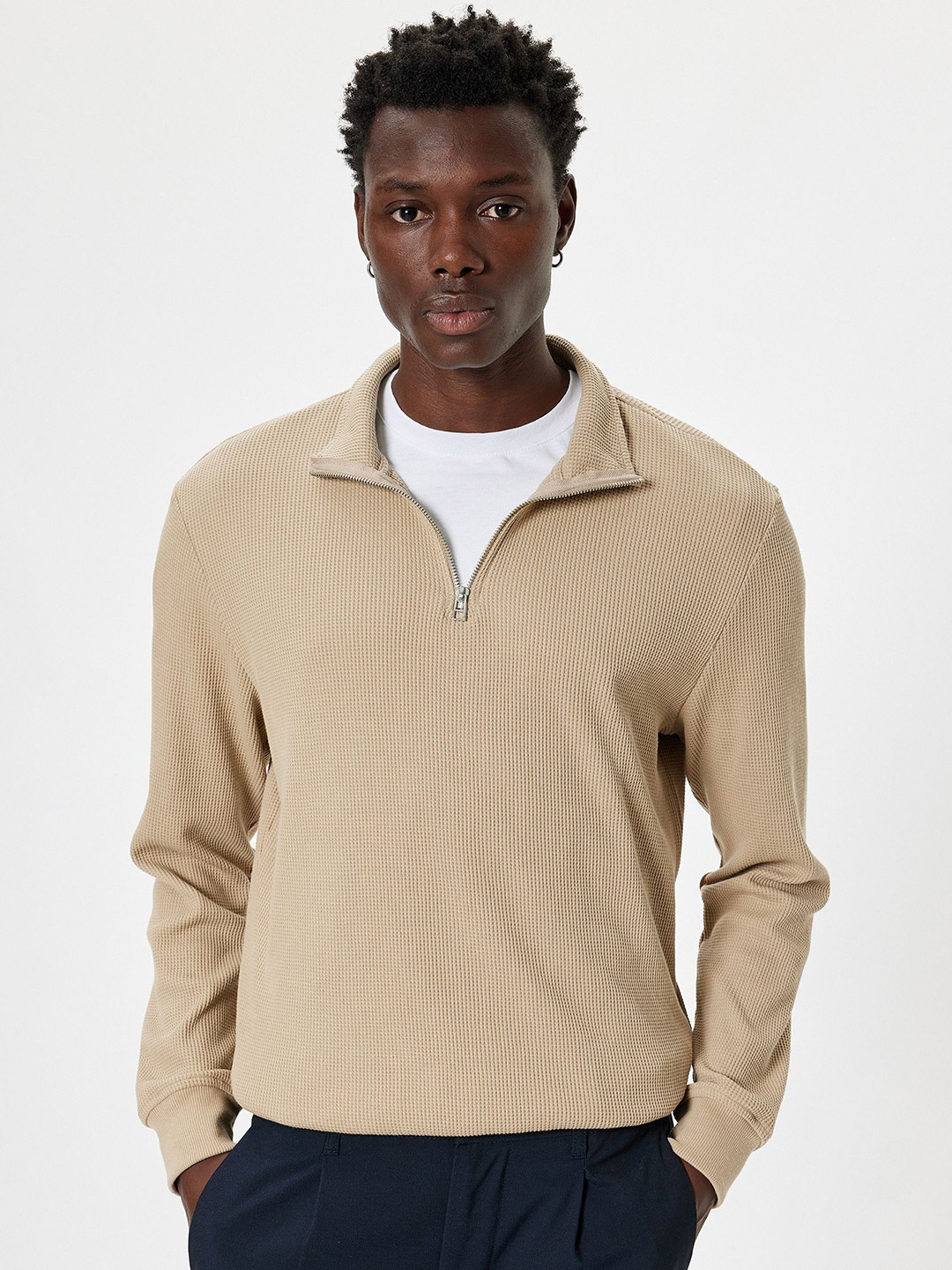 

Koton Men Ribbed Lapel Collar Pullover Sweaters, Beige