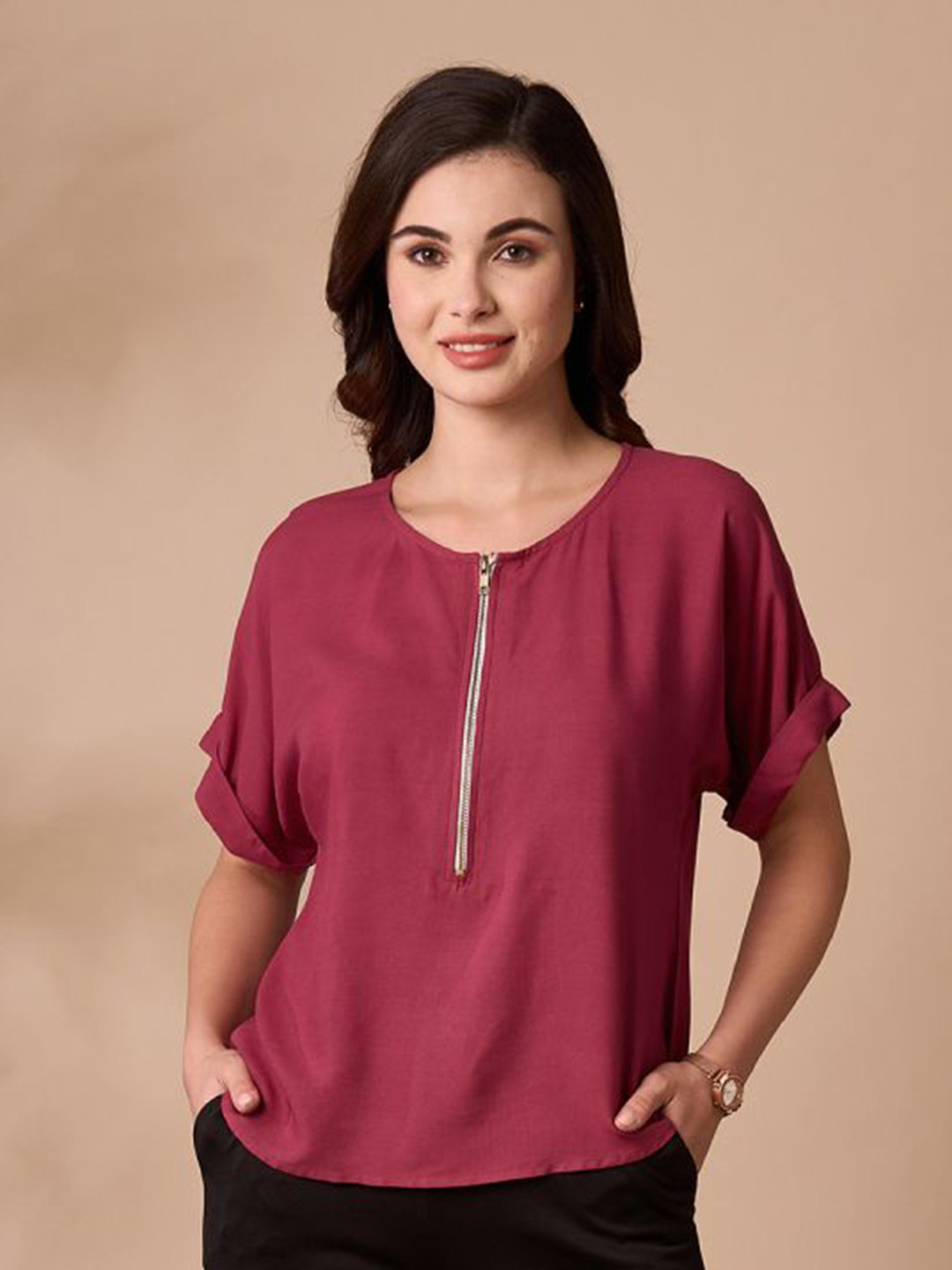 

MISH Women Solid Round Neck Top, Maroon